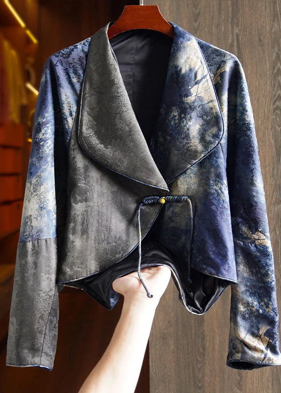 Minimal Style Retro Blue Notched Tassel Button Silk Coat Fall