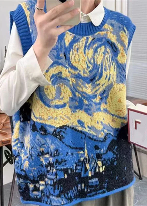 Street Charm Retro Blue O-Neck Print Cotton Knit Waistcoat Sleeveless