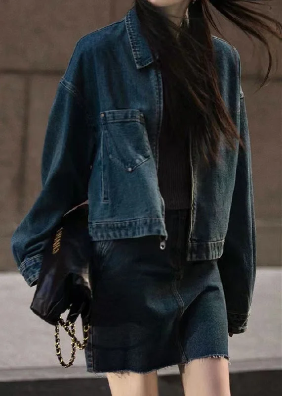 Relaxed Fit Retro Blue Peter Pan Collar Patchwork Button Denim Coats Long Sleeve