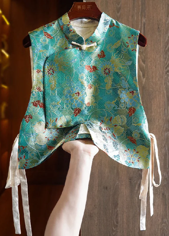 Creative Prints Retro Blue Stand Collar Asymmetrical Side Open Silk Waistcoat Sleeveless