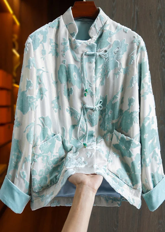 Elegant Design Retro Blue Stand Collar Pockets Patchwork Silk Velour Coats Fall