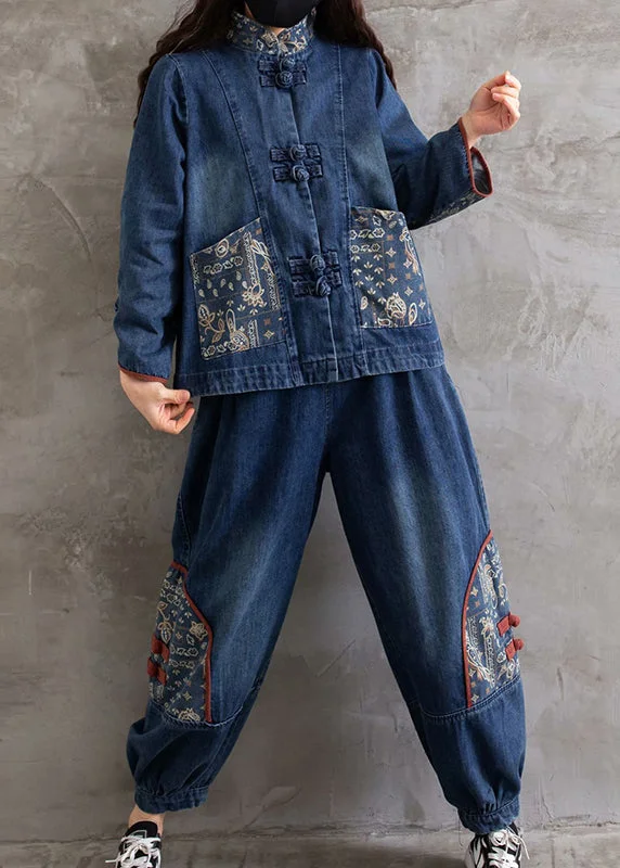 Windbreaker fashion Retro Blue Stand Collar Print Cotton Denim Coats And Pants Two Pieces Set Fall