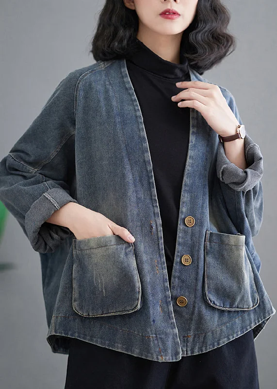 Soft Comfort Retro Blue V Neck Patchwork Pockets Denim Coats Fall