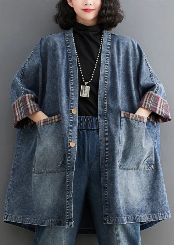 Classic Style Retro Blue V Neck Striped Patchwork Denim Trench Coat Long Sleeve