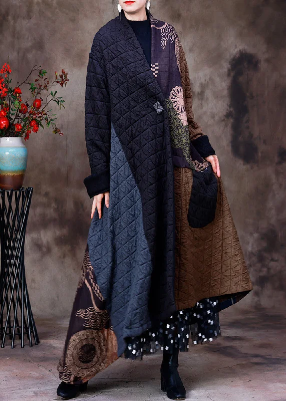 Timeless Outfits Retro Coffee Patchwork Black Colour V Neck Asymmetrical Button Pockets Print Cotton Thick Maxi Coat Long Sleeve