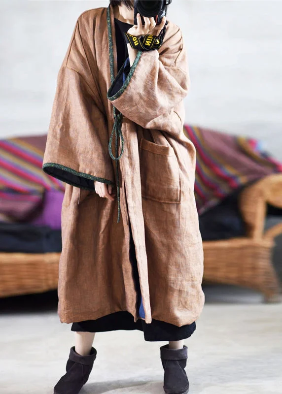 Romantic And Fresh Retro Coffee Pockets Lace Up Plus Size Fine Cotton Filled Coat Winter