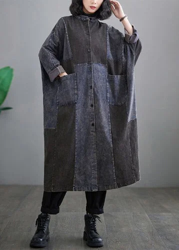 Soft Feel Retro Denim Blue Pockets Patchwork Button Long Trench Coats Long Sleeve