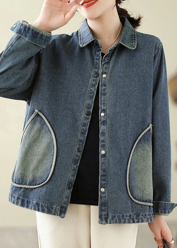 Effortless Looks Retro Denim Blue Pockets Patchwork Coats Spring