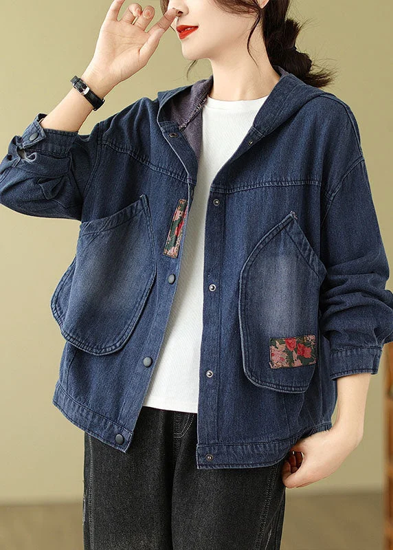Chic Comfort Wear Retro Denim Blue Pockets Print Hooded Coats Fall