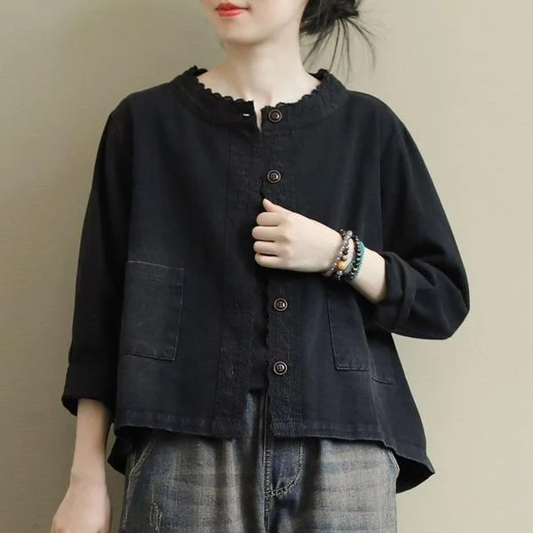 Spiritual Vitality Retro Embroidery O-neck Pockets Single Breasted Long Sleeve Denim Coats