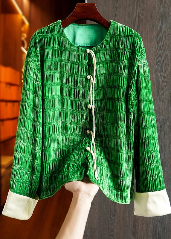 Fresh And Capable Retro Green Tasseled Wrinkled Patchwork Silk Velour Coats Fall