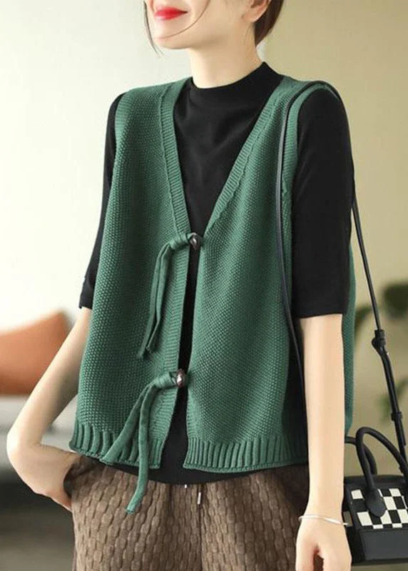Summer Comfort Retro Green V Neck Button Knit Waistcoat Sleeveless