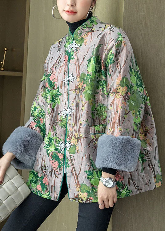 Smart Comfort Wear Retro Grey Stand Collar Jacquard Silk Cotton Filled Coats Winter