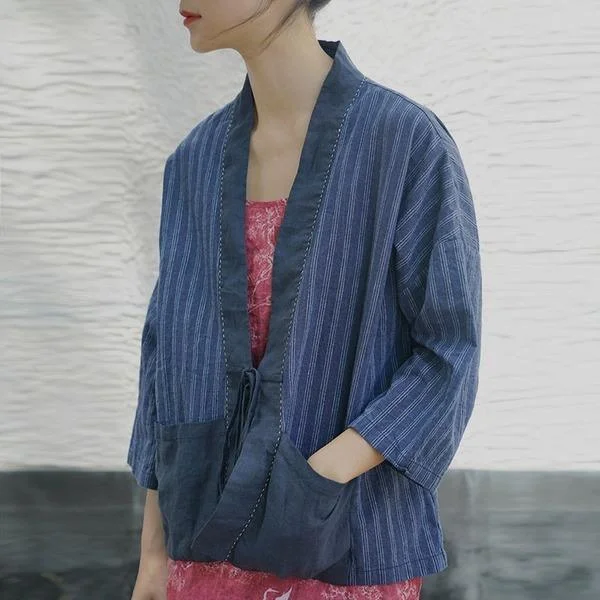Embroidered Letters Retro Irregular Patchwork Stripe Lace Up V-neck Long Sleeve Cardigan Coat