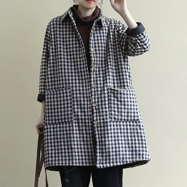 Sports And Leisure Retro Lapel Plaid Pockets Thick Cotton Jacket 2020 New Loose Simple Comfortable Women Long Coat