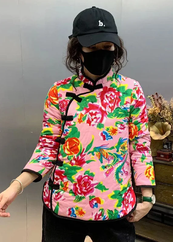 Spiritual Vitality Retro Pink Stand Collar Print Fine Cotton Filled Coats Winter