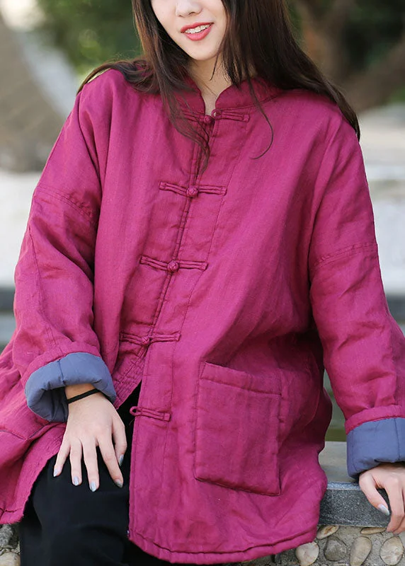 Lively And Youthful Rose Warm Fine Cotton Filled Coats Mandarin Collar Button Winter