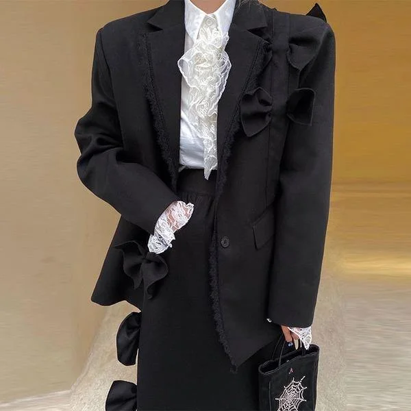 Sporty Elegance Ruffle Blazer Fashion New Women Small Fresh Full Sleeve 2020 Winter Single Breast Loose Bow Black Blazer Coat Sporty Elegance Ruffle Blazer Fashion New Women Small Fresh Full Sleeve 2020 Winter Single Breast Loose Bow Black Blazer Coat