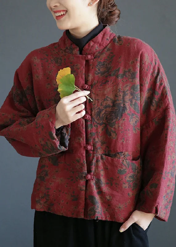 Simple Matching Rust Red Print Cotton Filled Coats Mandarin Collar Pockets Winter