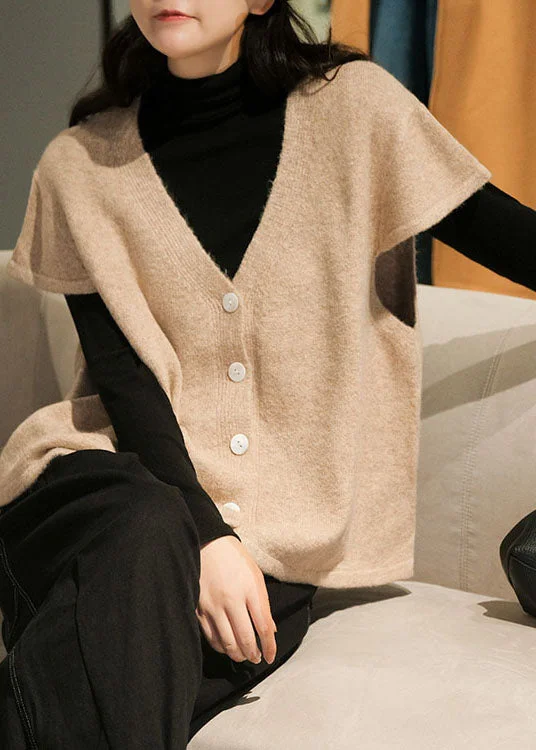 Elegant Design Simple Beige V Neck Button Wool Knitted Waistcoat Short Sleeve