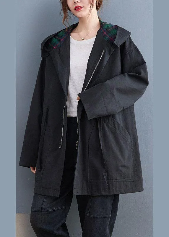 Youthful Style Simple Black fashion Casual zippered Fall  Hooded trench coats