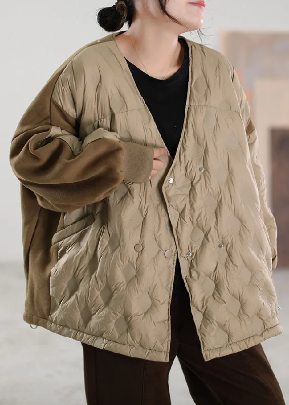 Classic Style Simple Khaki V Neck Patchwork Duck Down down coat Winter