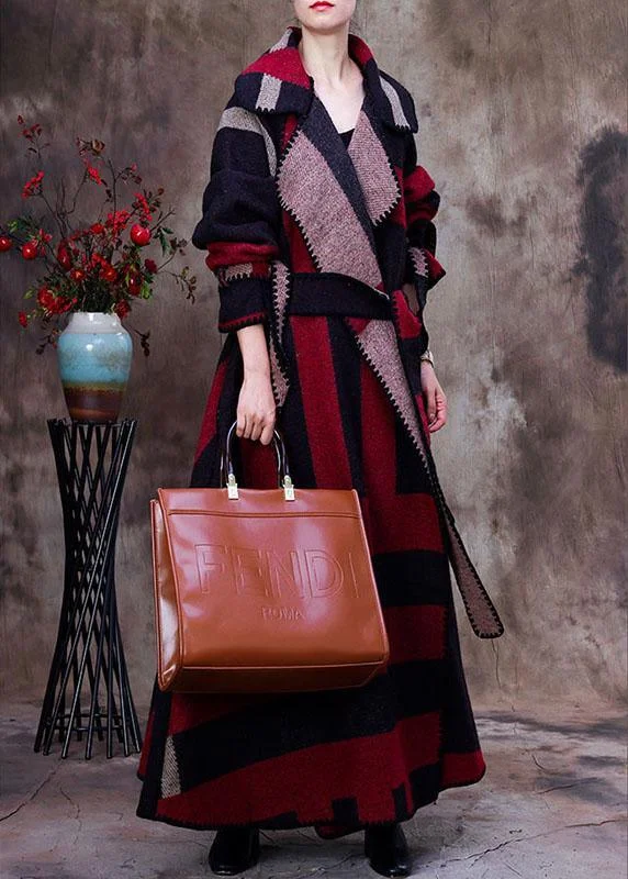 Leisure Sports Simple Red PeterPan Collar Plaid tie waist Winter Woolen Long sleeve trench coats