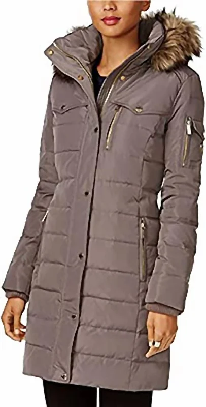 High Street Series Women's Flannel Down 3/4 Puffer Coat With Faux Fur And Hood In Gray