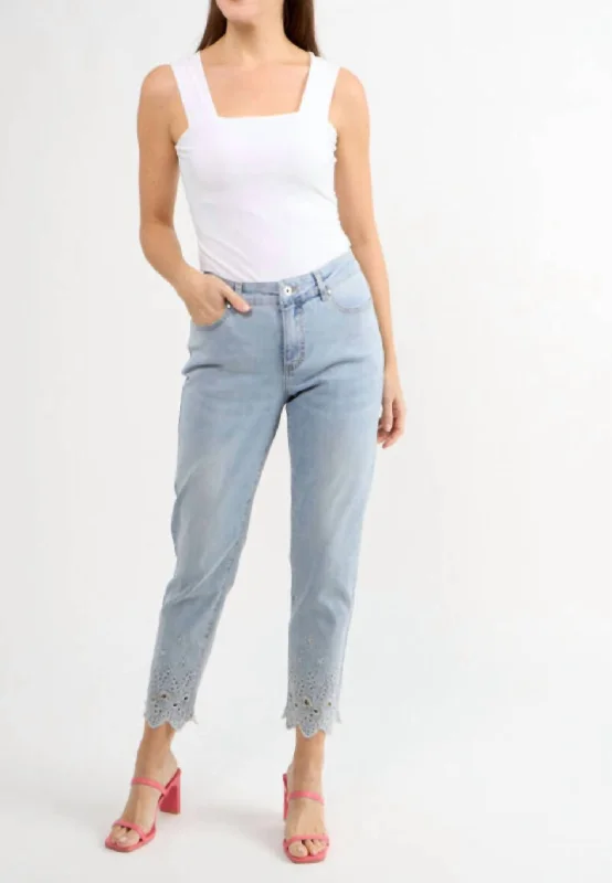 Simple Chic Button Front Jeans With Floral Cutouts And Bling In Light Blue