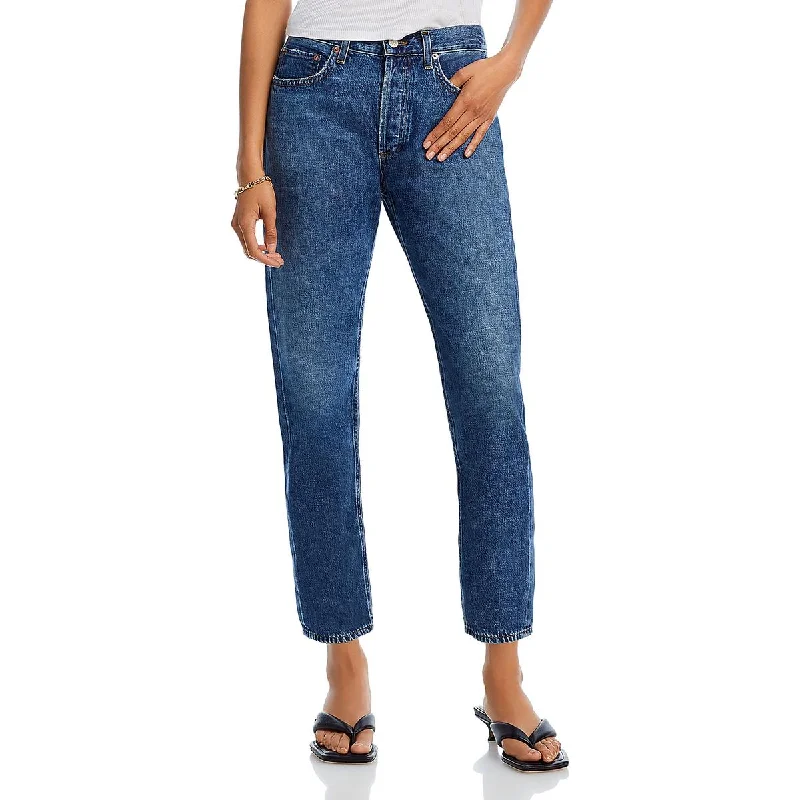 Hooded design Parker Womens Mid Rise Dark Wash Straight Leg Jeans