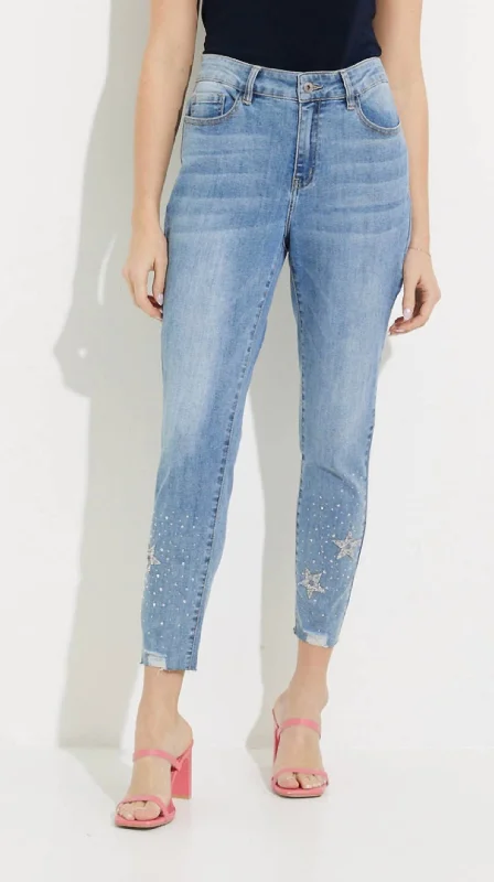 Cozy Fashion Star Bling Lower Leg Jeans In Medium Blue