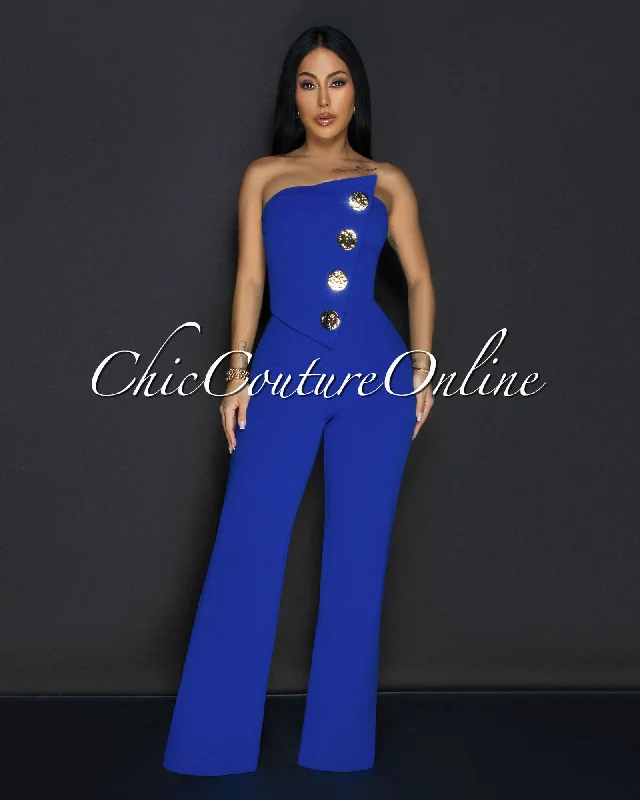 Simple And Comfortable Amiri Royal-Blue Gold Accent Button Strapless Jumpsuit