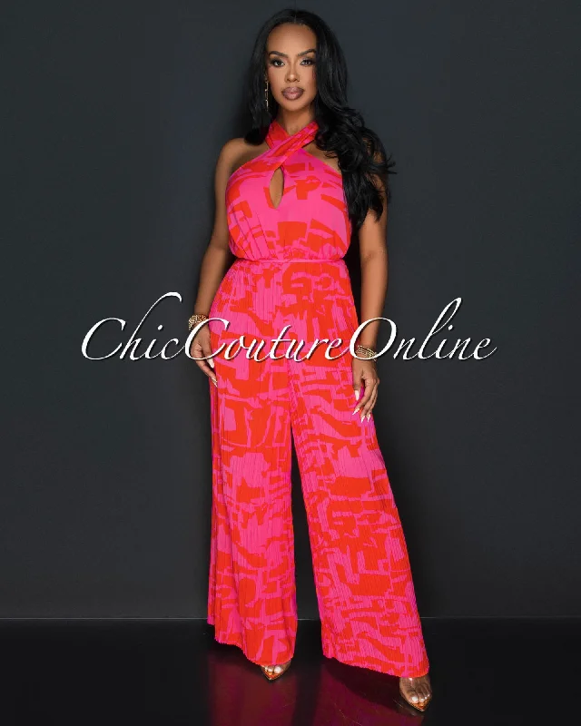 Comfortable Jeans Anara Orange Fuchsia Print Cross Neckline Pleated Jumpsuit