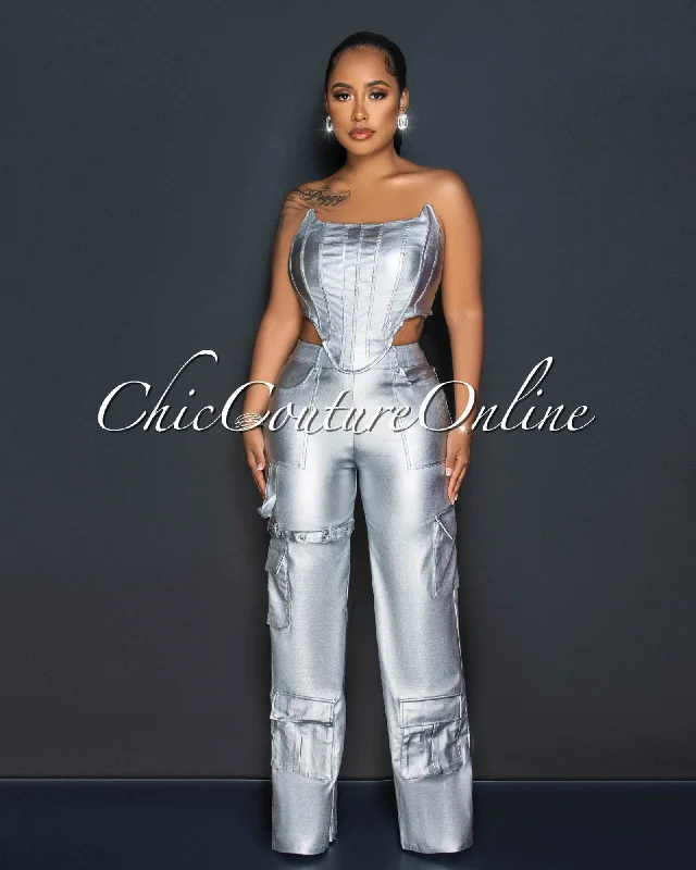 Casual Street Angie Silver Corset Cut-Out Cargo Metallic Jumpsuit