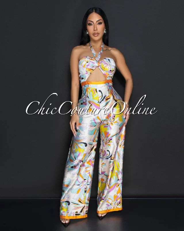 Modernism Annika Beige Yellow Multi Halter Wide Legs Jumpsuit