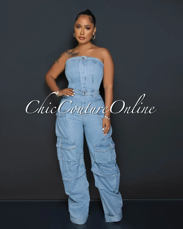Street Fashion Antoine Light Denim Strapless Cargo Jumpsuit