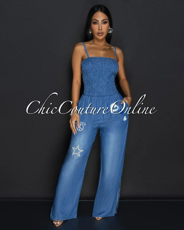 New Design Bayna Dark Denim Glitter Design Smocked Top Widelegs Jumpsuit