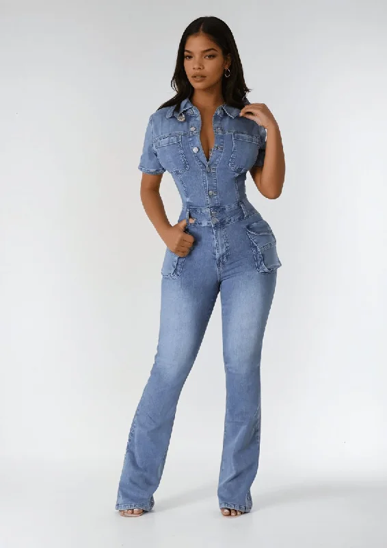 Elegant And Noble Bell-Bottom Pants Denim Jumpsuit