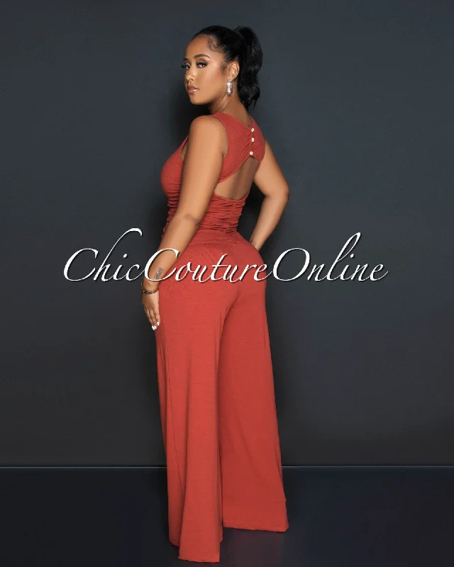 Fresh And Capable Beverly Brick Ruched Bust Back Key-Hole Jumpsuit