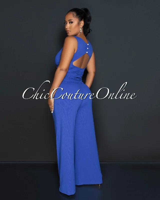 Trendy And Casual Beverly Blue Ruched Bust Back Key-Hole Jumpsuit