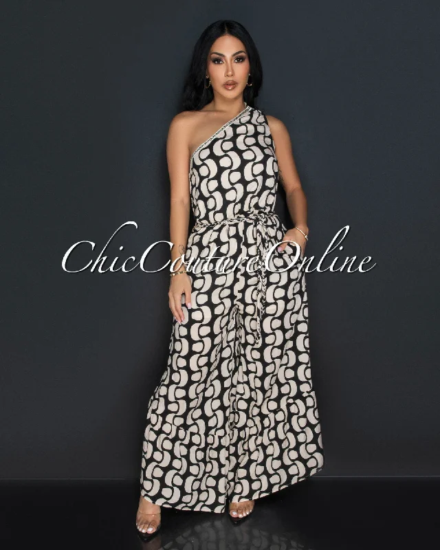 Cozy Chic Jayda Black Cream Print One Shoulder Wide Legs Jumpsuit