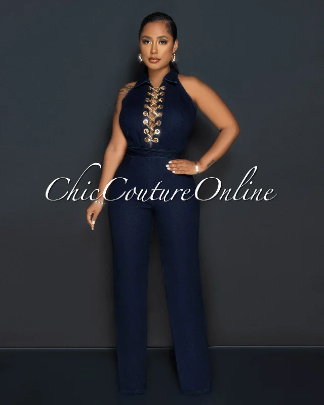 French Retro Blair Dark Denim Gold Link Lace-Up Bust Halter Jumpsuit