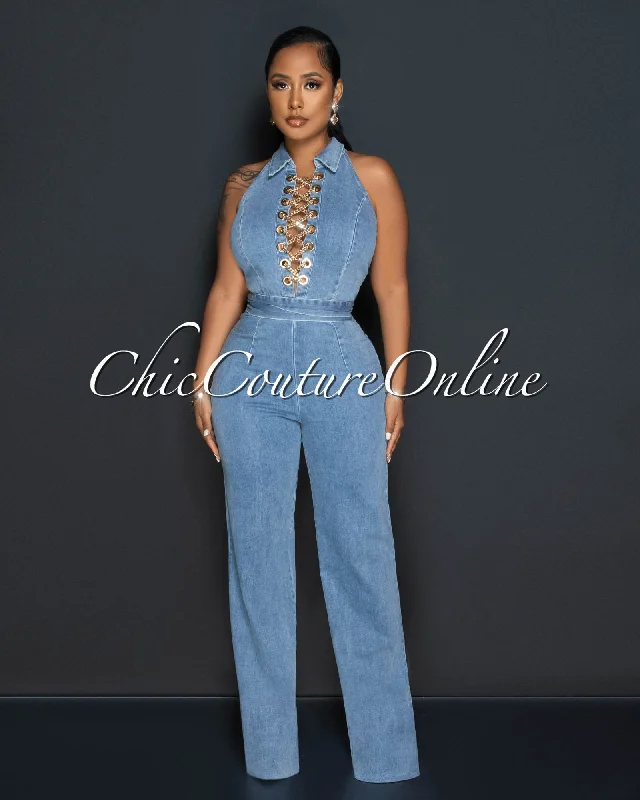 Personalized Clothing Blair Light Denim Gold Link Lace-Up Bust Halter Jumpsuit