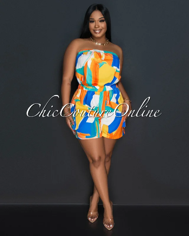 Versatile Items Blanka Cream Multi-Color Print Cargo Strapless Romper