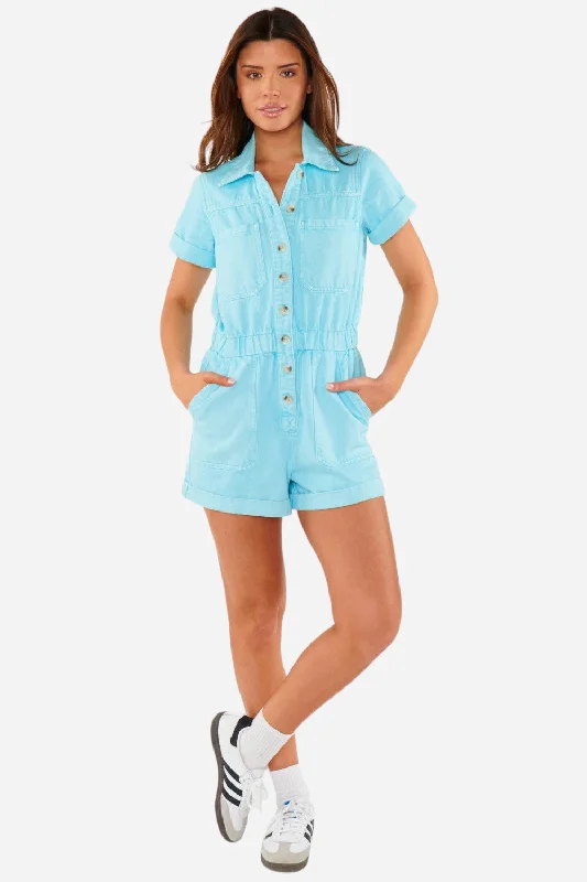 Relaxed Fits Show Me Your Mumu Cannon Romper in Spring Blue Denim