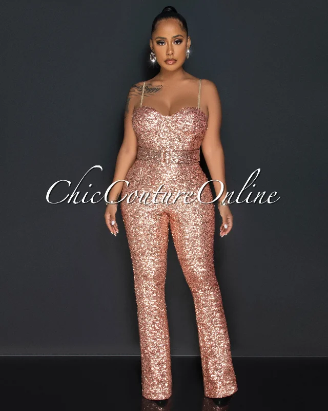 Cozy Fashion Trends Claster Rose Gold Sequins Belt Jumpsuit