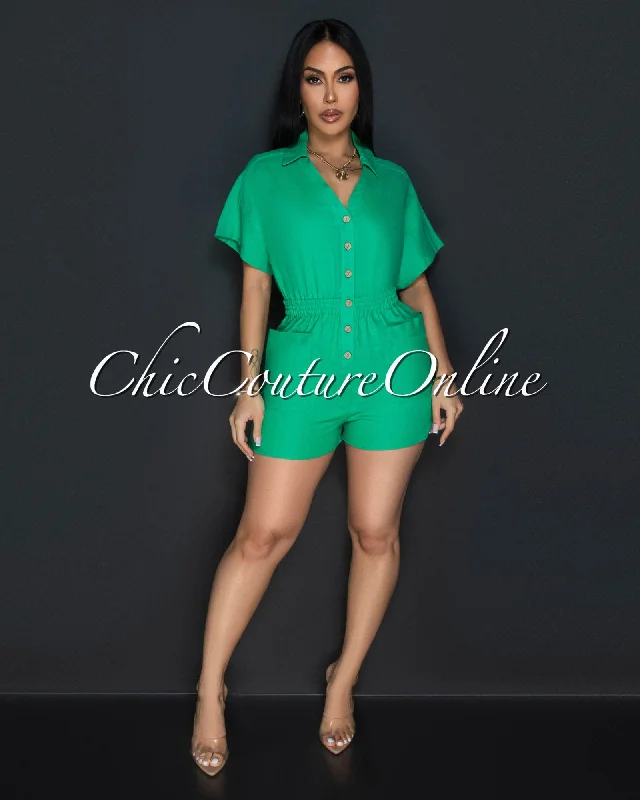 Comfy Dress Cora Kelly Green Front Buttons Linen Utility Romper