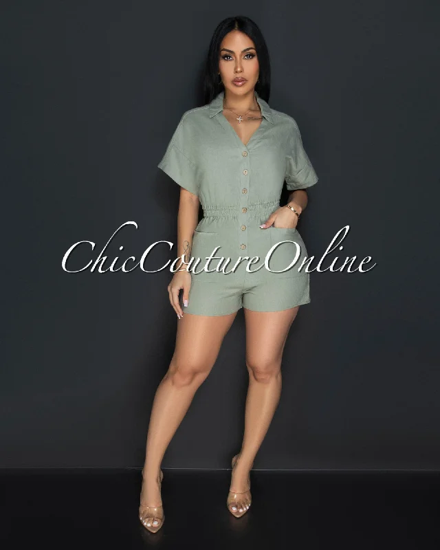 Trendy Dresses Cora Sage Green Front Buttons Linen Utility Romper