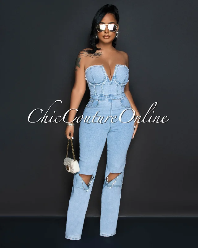 Stylish Wear Sonoma Light Denim Silver Link Knee Accent Jumpsuit