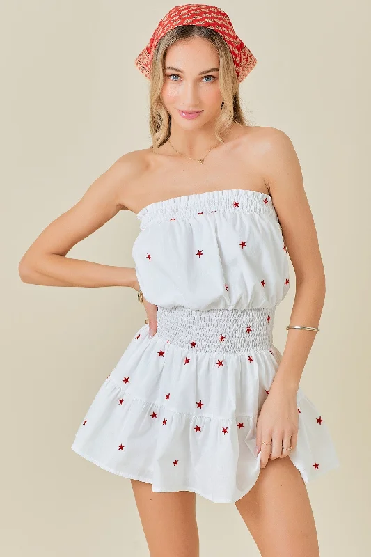 Casual Chic Seeing Stars Embroidered Strapless Romper